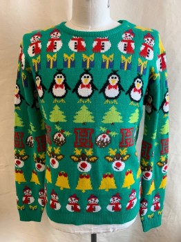 DAISY'S BOUTIQUE, Green, Multi-color, Acrylic, Holiday, CN, Snowmen, Penguins, Reindeer, Christmas Bells, L/S,