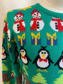 DAISY'S BOUTIQUE, Green, Multi-color, Acrylic, Holiday, CN, Snowmen, Penguins, Reindeer, Christmas Bells, L/S,