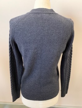 BANANA REPUBLIC, Dk Gray, Wool, Nylon, Cable Knit, Heathered, L/S, CN, Rib Knit Waistband, Cuffs And Collar, Multiple Knit Styles