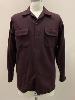PENDLETON, Red Burgundy, Black, Wool, 2 Color Weave, L/S, Button Front, Collar Attached, Chest Pocket