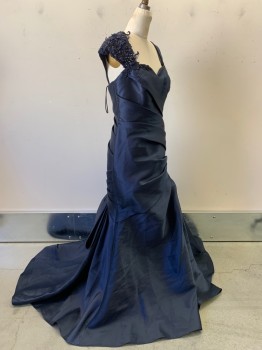 BADGLEY MISCHKA, Navy Blue, Polyester, Solid, Mermaid Style Gown, Shoulder Cap, Sweetheart Neckline, Embroiderred and Beaded Detail on Right Shoulder, Pleats and Folds All Throughout, Large Bow Detail in Bottom Back, Back Zipper,