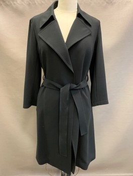 THEORY, Black, Acetate, Polyester, Solid, Crepe, Open Front with No Buttons/Closures, Notched Collar/Lapel, 2 Pockets at Hips, Hem Below Knee, Belt Loops, **With Matching Sash Belt