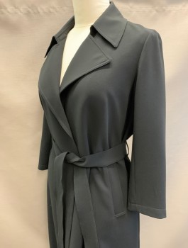 Womens, Coat, Trenchcoat, THEORY, Black, Acetate, Polyester, Solid, L, Crepe, Open Front with No Buttons/Closures, Notched Collar/Lapel, 2 Pockets at Hips, Hem Below Knee, Belt Loops, **With Matching Sash Belt