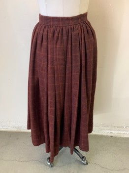 Womens, Historical Fiction Skirt, MTO, Terracotta Brown, Black, Wool, Plaid, Houndstooth, W: 28, Waistband, Gathered, Snap Back,
