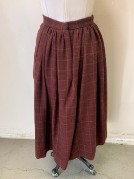 Womens, Historical Fiction Skirt, MTO, Terracotta Brown, Black, Wool, Plaid, Houndstooth, W: 28, Waistband, Gathered, Snap Back,