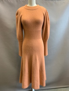 ZIMMERMANN, Terracotta Brown, Cashmere, Nylon, Solid, Knit, Puffy Raglan Sleeves, Below Elbow Is Fitted Rib Knit,  Rib Knit Round Neck And Fitted Waist, A-Line, Knee Length