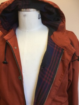IRON & RESIN, Dk Orange, Charcoal Gray, Navy Blue, Red, Cotton, Polyester, Solid, Plaid, Dark Mute Orange with Heather Charcoal Gray, Navy, Red Plaid Lining, Hoody with Black Elastic Cord, 3 Pockets with Flap, Long Sleeves, Zip Front, & Metal Button Front,