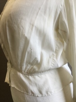 Womens, Blouse 1890s-1910s, N/L, Cream, Cotton, Solid, B46, Self Pin Stripe Batiste. L/S, B.F., Wide Collar with Lace Trim, Blouse Gathered to Peplum. Holes in Collar Made to Look Like a Design. Mended, Stains in Pits,