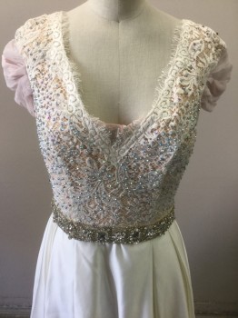 JOVANNI, Cream, Baby Pink, Polyester, Spandex, Floral, Cream Silk, Cream Crosade Floral Print Multi Color Rhinestones Dimond Wasit Band Light Pink Chiffom on Shoulders