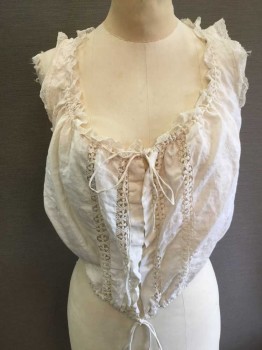 Womens, Camisole 1890s-1910s, N/L, Off White, Cotton, Solid, 38, 40 Adj, Open Front, Scoop Neck, Lace Trim, Lace Trim Armholes, Tie Front Neck and Waist, Drawstring Waist, Lace Vertical Panels, Small Hole Right Side Front