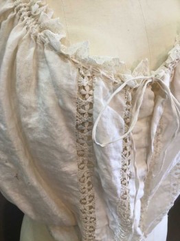 Womens, Camisole 1890s-1910s, N/L, Off White, Cotton, Solid, 38, 40 Adj, Open Front, Scoop Neck, Lace Trim, Lace Trim Armholes, Tie Front Neck and Waist, Drawstring Waist, Lace Vertical Panels, Small Hole Right Side Front