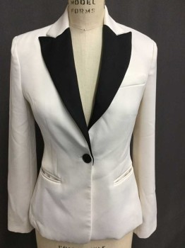 N/L, Ivory White, Black, Polyester, Solid, 1 Black Button, Black Peaked Lapel, Single Breasted,