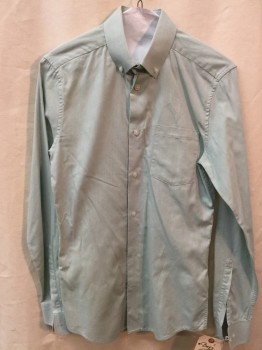 H&M, Lt Green, Cotton, Solid, Lt Green, Button Front, Button Down Collar, Long Sleeves, 1 Pocket,