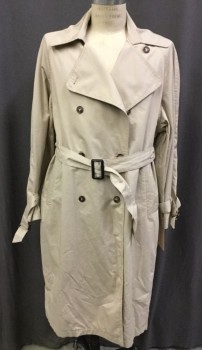 Mens, Coat, Trenchcoat, N/L, Beige, Cotton, Solid, 44, Double Breasted, Wide Lapel, Detached Back Yoke, Belt Loops, Matching Buckle Belt, Cuffs with Loops and Belts As Well