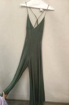 Womens, Jumpsuit, ANGL, Sea Foam Green, Spandex, Solid, S, Spaghetti Strap, Yoke Waist, Floor Length Wide Legs, Plunging Open Back with Criss Crossed Straps In Back
