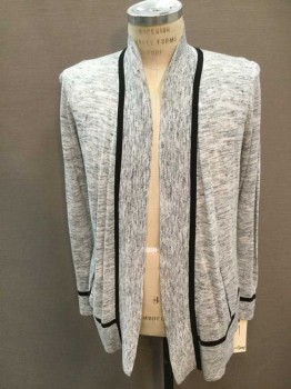 LOU & GREY, Lt Gray, Heathered, with Black Stripe Detail, Open Front, Shawl Collar, 2 Pockets