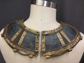 Unisex, Historical Fiction Collar, M.T.O., Gold, Brown, Leather, Metallic/Metal, Egyptian Ornate Collar In Brownish-gold Spray Bumpy Texture, with Gold Scarabs & Cobra Filigree Studs. Texture Gold Trim,  Lacing Holes At Center Back Neck with NO Lacing String,  Multiples