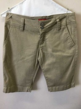 DICKIES, Khaki Brown, Cotton, Spandex, Solid, Khaki, 2" Waistband, 2 Metal Buttons, Flat Front, Zip Front, 2 Slant Pockets, Knee Length
