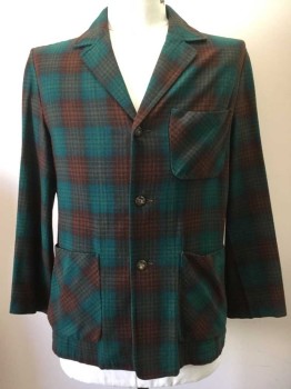 Mens, Jacket, MERRILL WOOLENS, Green, Lt Green, Brown, Black, Wool, Plaid, 42, Long Sleeves, Collar Attached, Notched Lapel, 3 Buttons,  3 Pockets,