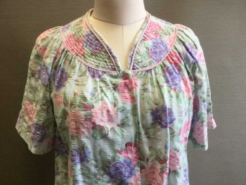 Womens, Housedress, COFFEE TIME, Lt Green, Mint Green, Pink, Purple, Brown, Cotton, Polyester, Floral, S, Pastel Light Mint W/pink, Brown, Purple Floral Pint, V-neck, Quilt Yoke with Light Pink Piping Trim, Short Sleeves, 2 Pocket, Pink W/metal Trim Snap Front