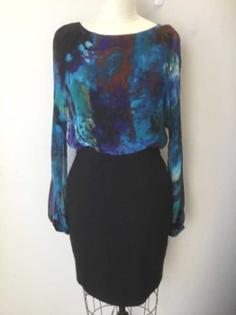 AIDAN MAHOX, Multi-color, Black, Turquoise Blue, Red, Green, Silk, Rayon, Paint Daubs/Mottled Pattern Silk Chiffon Top Half, Sheer Long Sleeves, Bateau Neck, Bottom Half is Solid Black Stretch Jersey, Straight Fit, Knee Length