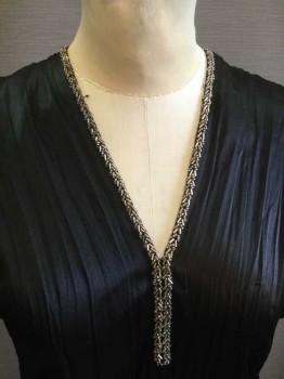 Womens, Historical Fiction Tunic, MTO, Black, Gold, Polyester, Solid, B:36, Made To Order, Pleated Black Satin, Sleeveless, Deep V-neck with Gold Beaded Trim, Floor Length Hem, Greek