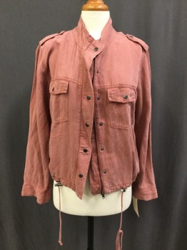 RAILS, Dusty Rose Pink, Linen, Solid, Washed Silk Look, Zip / Snap Front, Long Sleeves with Snap Cuffs, 2 Flap Pocket, 2 Side Pocket, Epaulets, Drawstring Waist, Stand Collar, Large Detached Yoke in Back