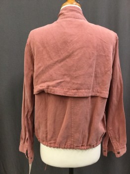 RAILS, Dusty Rose Pink, Linen, Solid, Washed Silk Look, Zip / Snap Front, Long Sleeves with Snap Cuffs, 2 Flap Pocket, 2 Side Pocket, Epaulets, Drawstring Waist, Stand Collar, Large Detached Yoke in Back