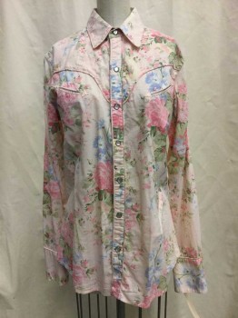 LAUREN, Baby Pink, Pink, Lavender Purple, Green, Cotton, Floral, Lt Pink with Pink/lavender/green/yellow Floral Print, Snap Front, Collar Attached, Long Sleeves, 2 Pockets
