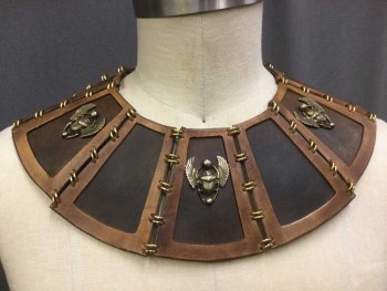 Unisex, Historical Fiction Collar, M.T.O., Dk Brown, Lt Brown, Gold, Leather, Metallic/Metal, Egyptian Collar,  Dark Brown W Light Brown Trim Cut-up Leather Section Connected By Double Gold Ring, Scarabs Beetles W/wings Studs, Brown Leather Wang Lacing Closure Back