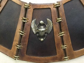 Unisex, Historical Fiction Collar, M.T.O., Dk Brown, Lt Brown, Gold, Leather, Metallic/Metal, Egyptian Collar,  Dark Brown W Light Brown Trim Cut-up Leather Section Connected By Double Gold Ring, Scarabs Beetles W/wings Studs, Brown Leather Wang Lacing Closure Back