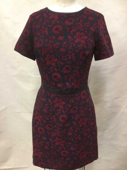 OASIS, Dk Gray, Wine Red, Polyester, Floral, Heathered, Heather Charcoal Gray W/wine Ornate Floral Print, Black Lining, Brown Leather Round Neck & Waist Band, Short Sleeve, Zip Back,