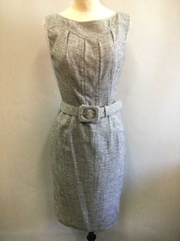 ESCADA, Gray, Dk Gray, Lt Gray, Wool, Silk, Speckled, Sleeveless, Bateau/Boat Neck, 4 Inverted Pleats/Darts at Bust, Knee Length, Sheath, **2 Pieces: Comes with Self Fabric Belt, Structured, with Self Fabric Rectangular Buckle