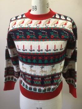SWEATERS USA, White, Navy Blue, Red, Green, Tan Brown, Acrylic, Novelty Pattern, Holiday, with Birds/Trains/Candles/Deer/Presents, Red Ribbed Knit Crew Neck/Waistband/Cuff, Xmas