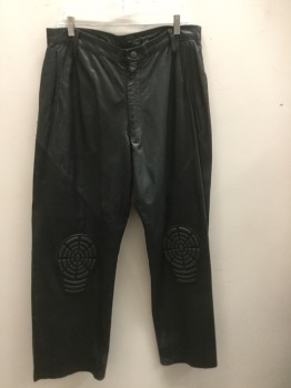 Mens, Leather Pants, N/L, Black, Leather, Solid, 31, 34, Zip Fly, 4 Pockets, Belt Loops, Inserted Radiating Circle Rubber Knees, Diagonal Seams From Hips to Inner Knee
