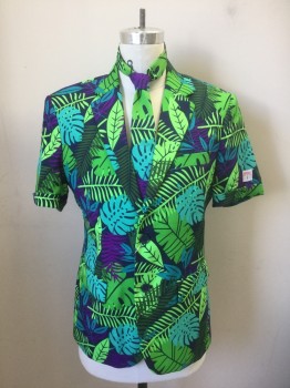 OPPO SUITS, Multi-color, Navy Blue, Lime Green, Turquoise Blue, Purple, Polyester, Tropical , Bright Tropical Pattern - Navy with Lime, Turquoise, Purple, Aqua, Green Tropical Palm Fronds, Short Sleeves, Notched Lapel, 2 Buttons