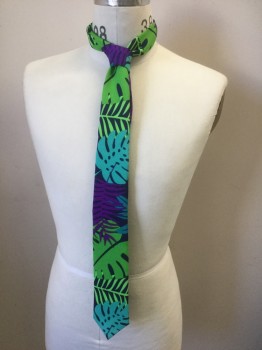 OPPO SUITS, Multi-color, Navy Blue, Lime Green, Turquoise Blue, Purple, Polyester, Tropical , Bright Tropical Pattern - Navy with Lime, Turquoise, Purple, Aqua, Green Tropical Palm Fronds, Short Sleeves, Notched Lapel, 2 Buttons