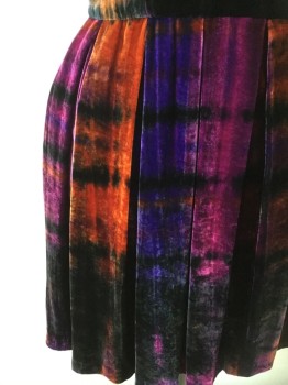 MTO, Black, Fuchsia Pink, Purple, Orange, Silk, Plaid, Made To Order, Panne Velvet Dyed Plaid, Box Pleat Skirt, Center Back Zipper, Collar