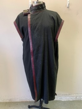 Mens, Coat, MTO, Black, Red Burgundy, Dk Green, Cotton, Vinyl, 3XL, Bumpy Texture with Dark Green Pile, Cap Sleeve with Burgundy Textured Leather Trim, Stand Collar with Black Chevron Leather and Square Mechanical Panel, Floor Length, Velcro Closure, Made To Order