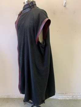 MTO, Black, Red Burgundy, Dk Green, Cotton, Vinyl, Bumpy Texture with Dark Green Pile, Cap Sleeve with Burgundy Textured Leather Trim, Stand Collar with Black Chevron Leather and Square Mechanical Panel, Floor Length, Velcro Closure, Made To Order