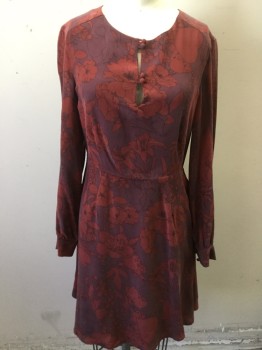 AMOUR VERT, Purple, Brick Red, Silk, Floral, Ballet Neck, Key Hole with 2 Buttons, Long Sleeves, Back Zipper