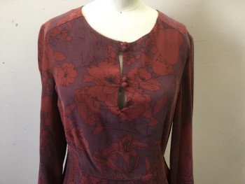 AMOUR VERT, Purple, Brick Red, Silk, Floral, Ballet Neck, Key Hole with 2 Buttons, Long Sleeves, Back Zipper
