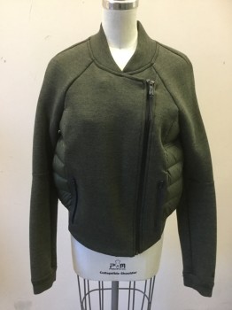 NIKE, Olive Green, Cotton, Polyester, Heathered, Jersey Knit Front and Sleeves, Raglan Sleeves, Off Center Zip, 2 Zip Pockets, Ribbed Knit Stand Collar, Ribbed Knit Cuff/Waistband, Polyester Horizontal Stripe Puff Back with Perforated Stripes