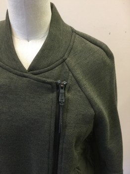 NIKE, Olive Green, Cotton, Polyester, Heathered, Jersey Knit Front and Sleeves, Raglan Sleeves, Off Center Zip, 2 Zip Pockets, Ribbed Knit Stand Collar, Ribbed Knit Cuff/Waistband, Polyester Horizontal Stripe Puff Back with Perforated Stripes