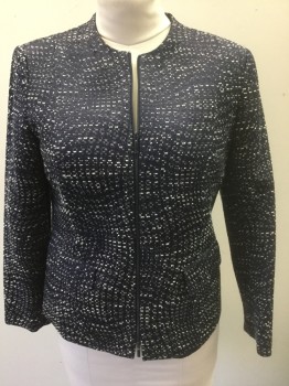 LAFAYETTE 148, Midnight Blue, White, Cotton, Polyester, Speckled, Midnight with White Specks, Zip Front, Long Sleeves, Round Neck, 2 Flap Pockets,  Solid Midnight Lining
