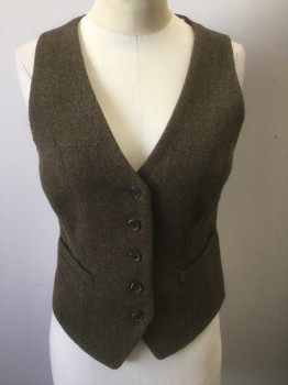 BROOKS BROTHERS, Brown, Olive Green, Wool, Herringbone, Single Breasted, 5 Button Front, 2 Faux Welt Pockets, Princess Seams, Solid Brown Lining and Back, Belted Back