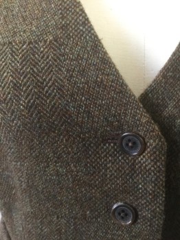BROOKS BROTHERS, Brown, Olive Green, Wool, Herringbone, Single Breasted, 5 Button Front, 2 Faux Welt Pockets, Princess Seams, Solid Brown Lining and Back, Belted Back