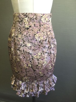 PIMSIRI, Lavender Purple, Black, Cream, Purple, Silk, Floral, Light Lavender Leaves on Black Background, Cream and Purple Flowers, Pencil Skirt with 2 Tiers of Self Ruffles at Hem, 2" Wide Self Waistband, Invisible Zipper at Center Back