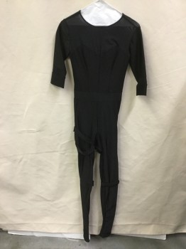 Womens, Sci-Fi/Fantasy Jumpsuit, MTO, Black, Polyester, Spandex, Solid, S, Black, Sheer Chest, 3/4 Sleeves, 3 Self Straps on Each Leg, Zip Back,