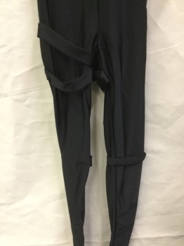 Womens, Sci-Fi/Fantasy Jumpsuit, MTO, Black, Polyester, Spandex, Solid, S, Black, Sheer Chest, 3/4 Sleeves, 3 Self Straps on Each Leg, Zip Back,